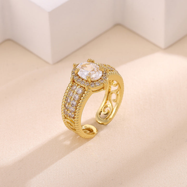 Vintage Royal Oval Diamond Open‑Band Ring Heavy Textured Pattern 14K Gold Women Ring