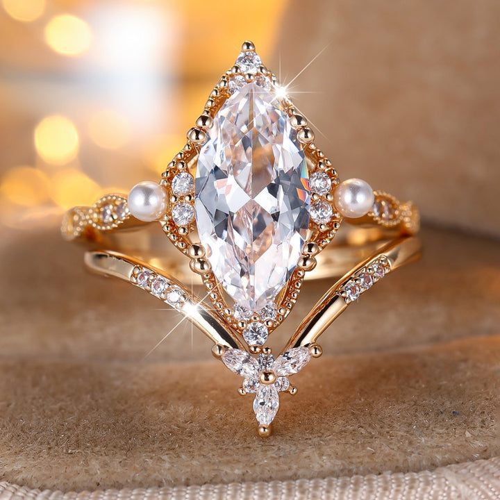 Vintage Marquise‑Cut Diamond Pearl Ring Set Hollow Pattern Stackable Dual Bands