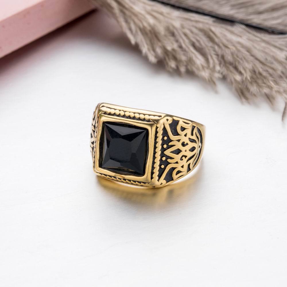 Vintage Carved Square Obsidian Wide Band Ring Men Antique Pattern Signet Ring