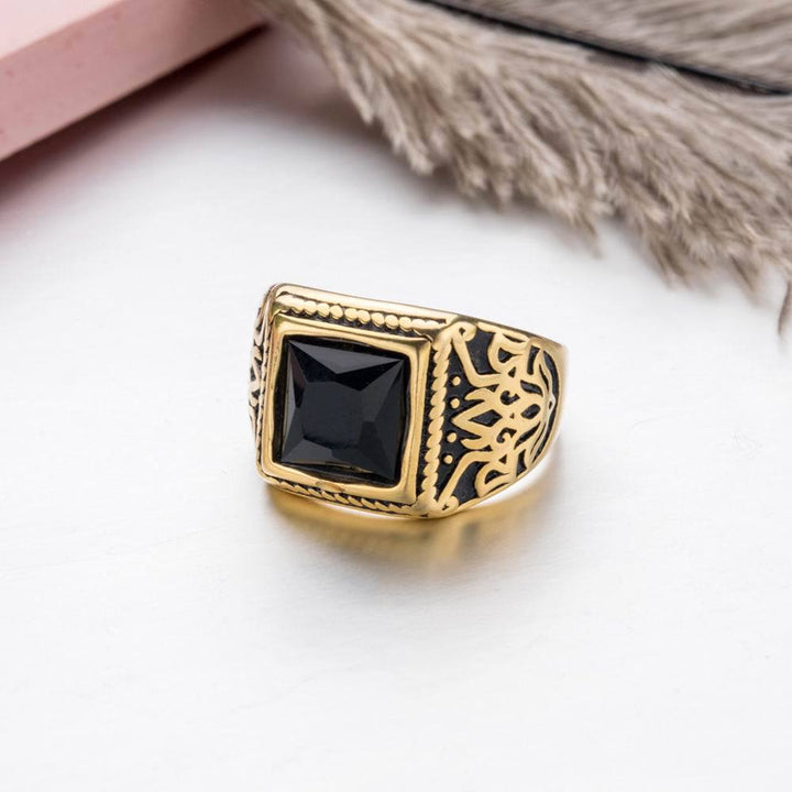Vintage Carved Square Obsidian Wide Band Ring Men Antique Pattern Signet Ring