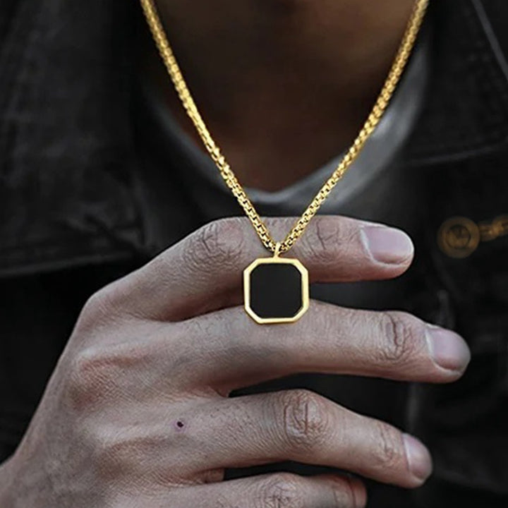 Octagon Square Black Onyx Pendant Minimalist Vintage Mens Rope Chain Necklace