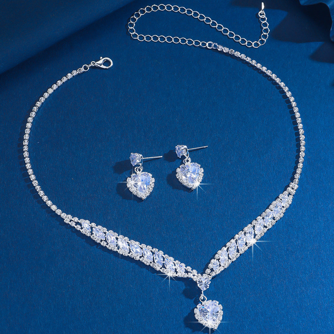 Heart Diamond Necklace Earring Jewelry Set Elegant V Shape Women Formal Jewelry Set