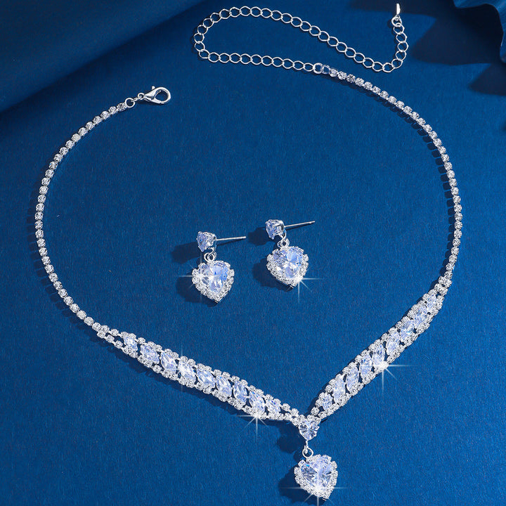 Heart Diamond Necklace Earring Jewelry Set Elegant V Shape Women Formal Jewelry Set