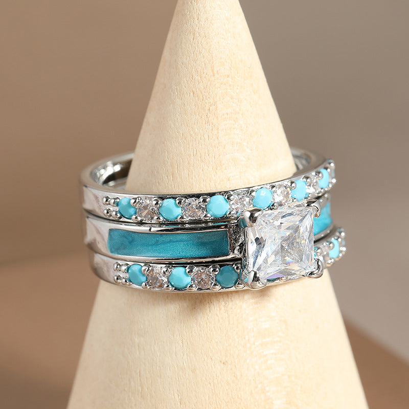 Square‑Cut Diamond 3‑Piece Stackable Ring Set, Turquoise Inlaid Band Rings