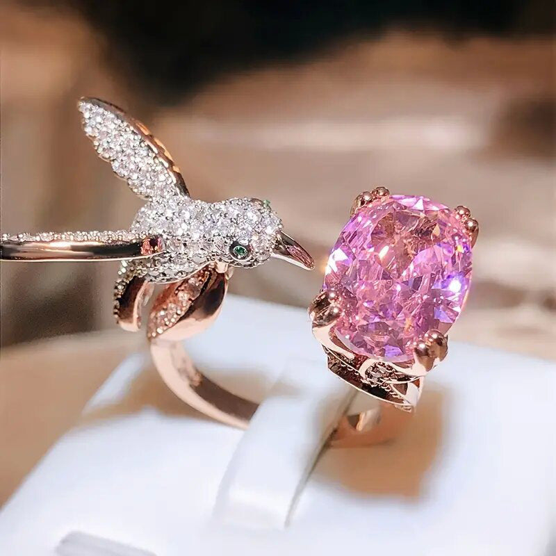 Hummingbird Oval Diamond Open Ring Women Nature Inspired Statement Ring Multiple Color Options