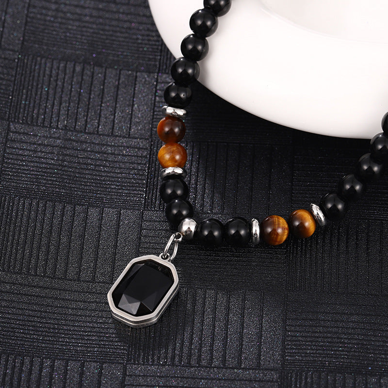 Obsidian & Tiger‑Eye Beaded Necklace Vintage Men’s Geometric Pendant Chain