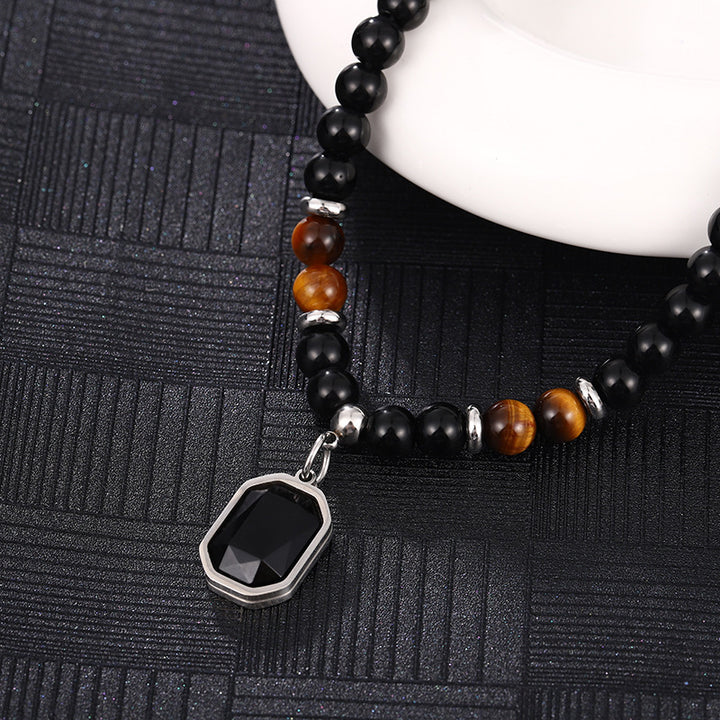 Obsidian & Tiger‑Eye Beaded Necklace Vintage Men’s Geometric Pendant Chain