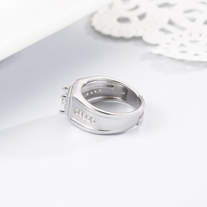 Square Center Stone Adjustable Men's Ring, Business Wide Band Diamond Ring