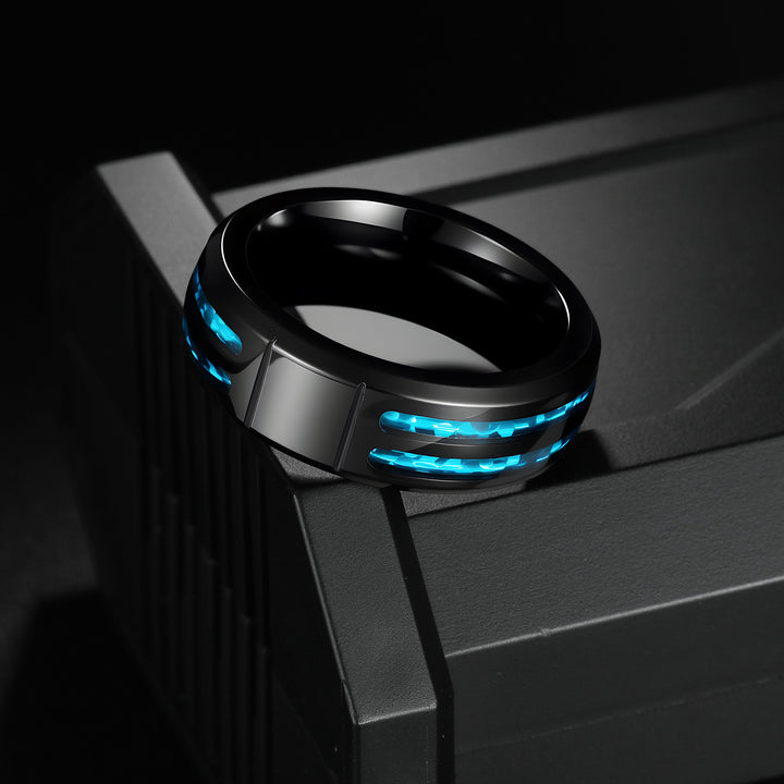 Ocean Inspired Jewelry Ring Half Circle Opal Laser Inlay Men's Band Finger Ring
