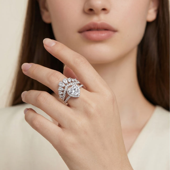 Heart‑Shaped Main Stone Crown Stackable Ring Romantic Two‑Piece Luxury Women Ring Set