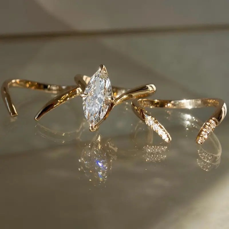 Marquise Cut Diamond Statement Ring Unique Curved Split Band Engagement Promise Ring For Women