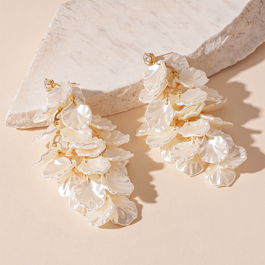 Shell Leaf Tassel Drop Earrings Women Pearlescent Layered Petal Vacation Statement Earrings