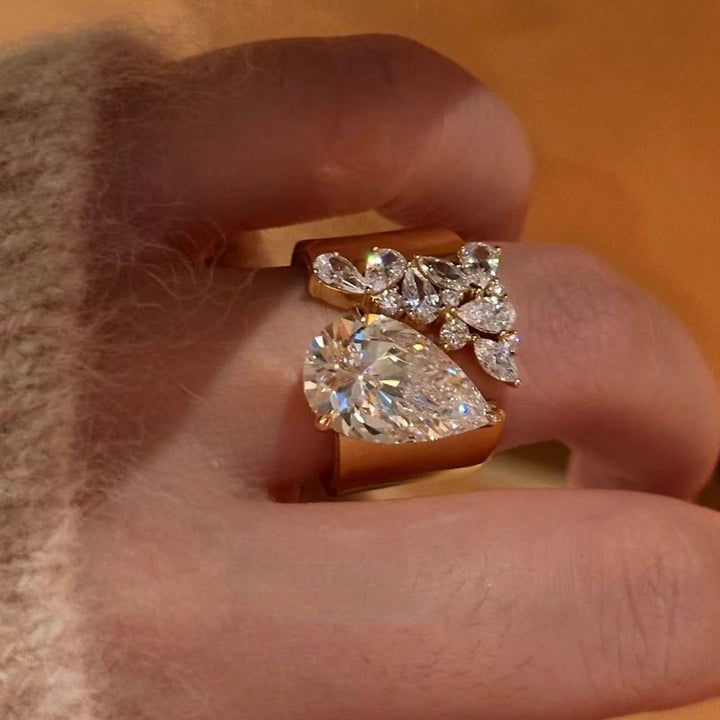 Pear Diamond Open Ring Women Gold Halo Solitaire Adjustable Luxury Jewelry Gift