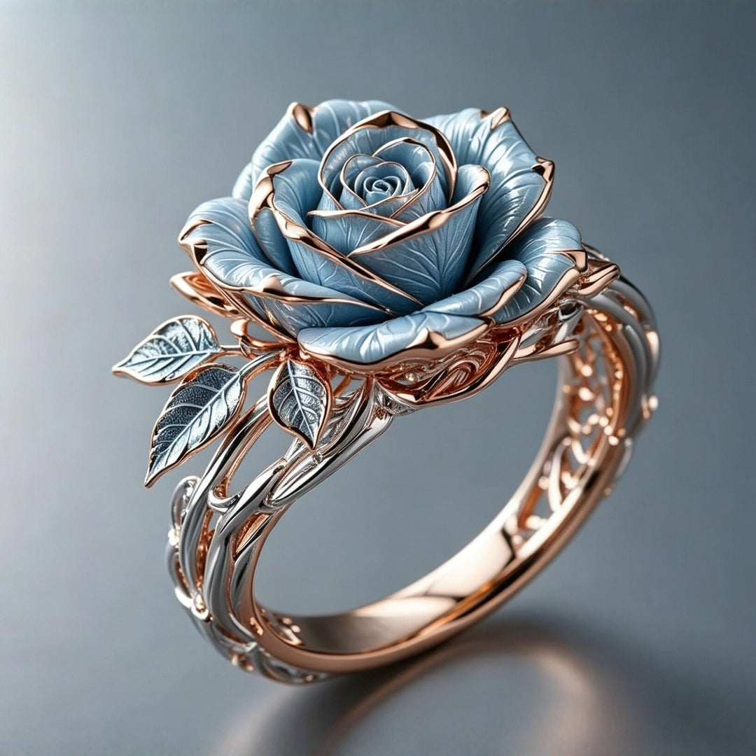 Vintage Blue Rose Enamel Hollow Ring Pure Silver Plated 18K Gold Floral Statement Ring For Women