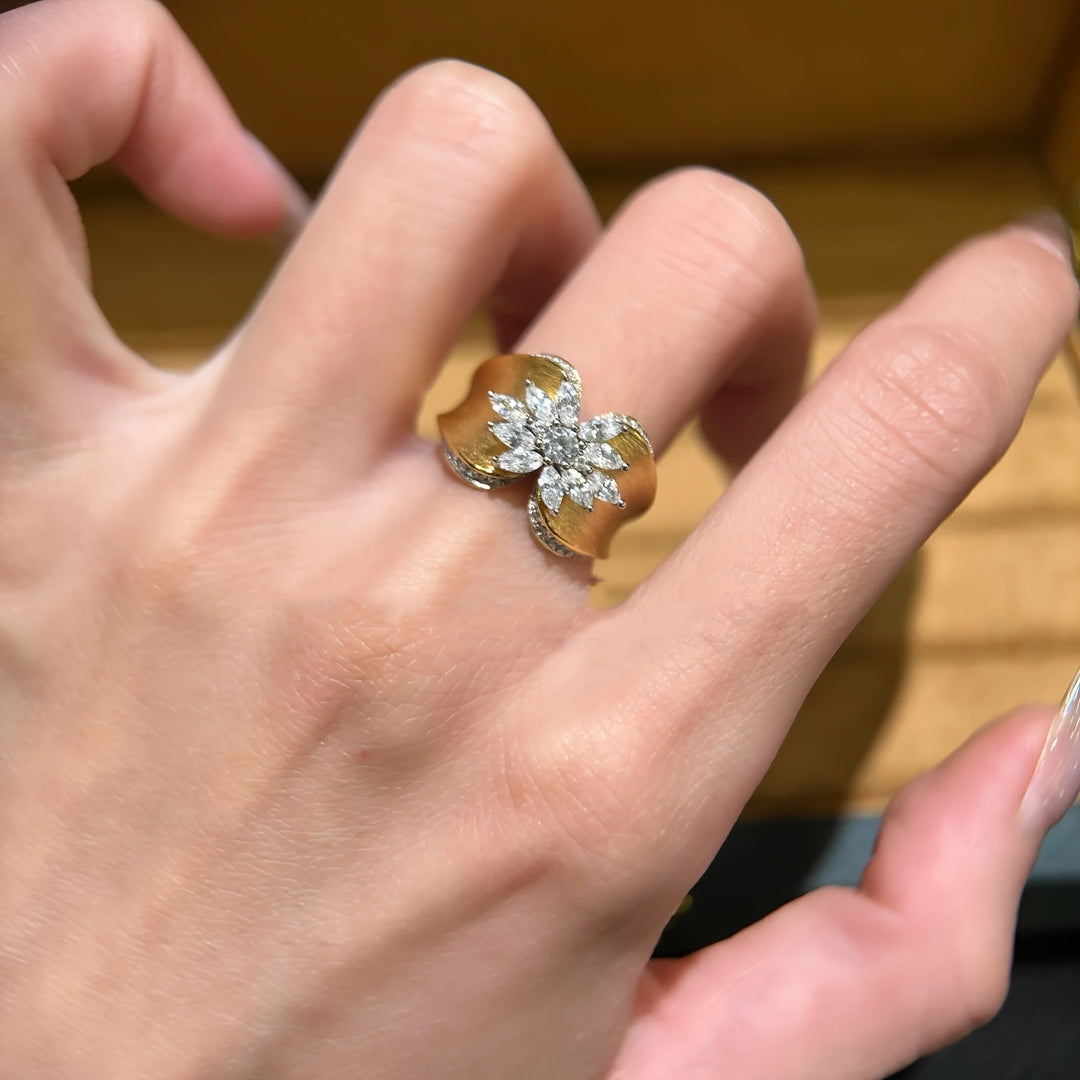 Vintage Textured Engraved Gold Petal Diamond Ring, Luxury Artistic Wide Band Ring For Women