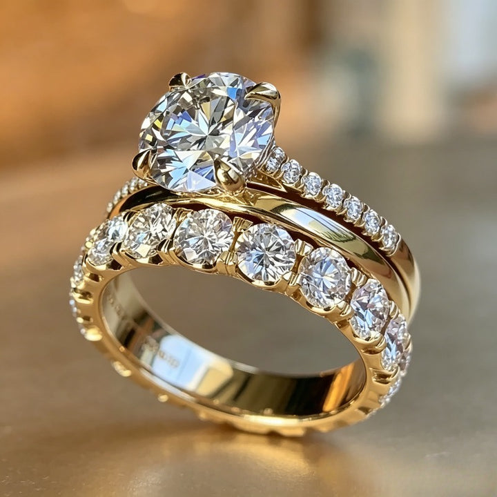 Three Piece Diamond Ring Set Women Solitaire Eternity Bands Gold Silver Luxury Bridal Jewelry