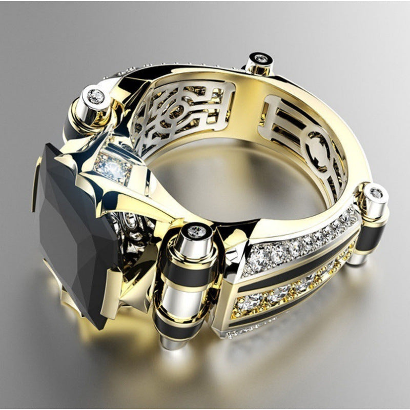 Luxury Heavy‑Set Square Main Stone Men Ring, Bold Statement Hollow‑Out Band