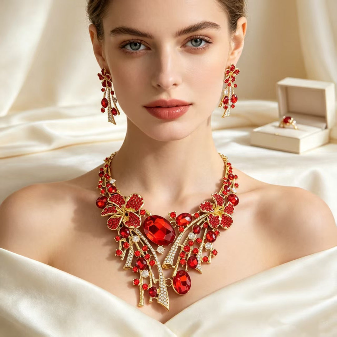 Ruby Flower Jewelry Set Women Necklace Earrings Gold Red Diamond Luxury Bridal Gift