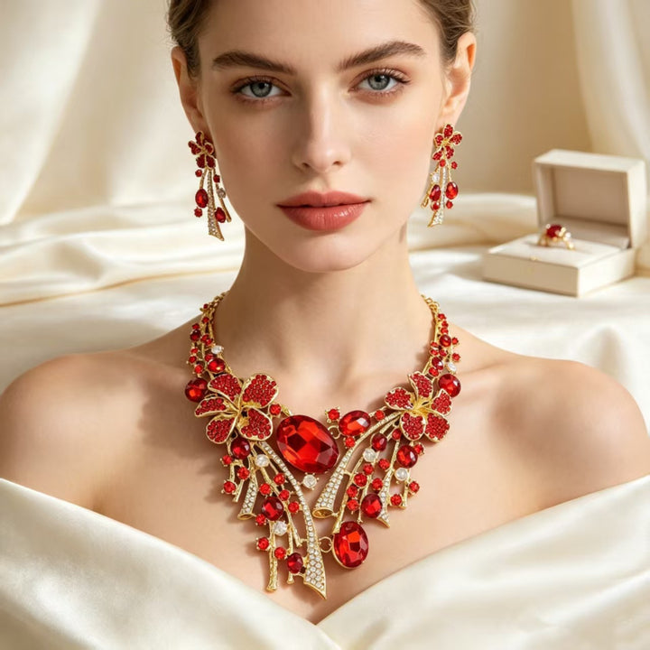 Ruby Flower Jewelry Set Women Necklace Earrings Gold Red Diamond Luxury Bridal Gift