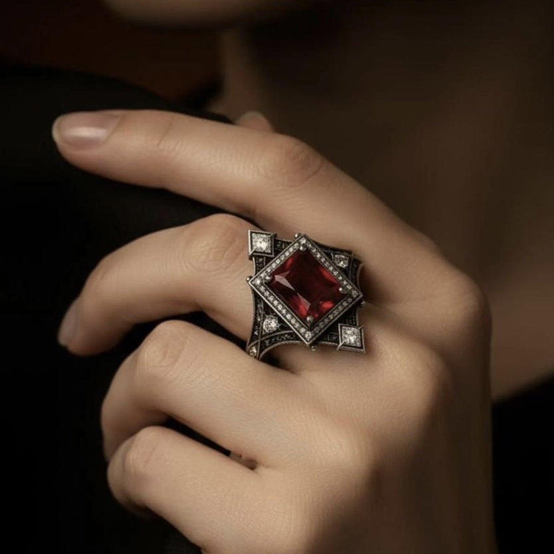Vintage Edwardian‑Style Square Ruby Center Stone Diamond Ring Antique Open‑Work Carved Women’s Band