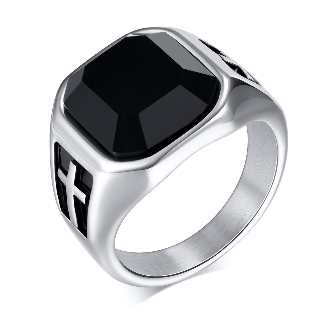 Cross Black Gemstone Men Wide Band Ring Retro Square‑Cut Signet Ring