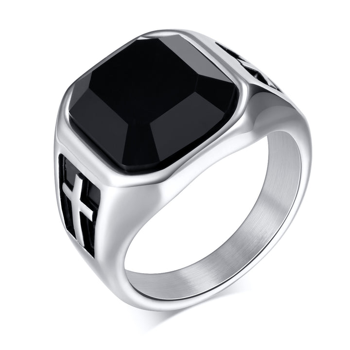 Cross Black Gemstone Men Wide Band Ring Retro Square‑Cut Signet Ring