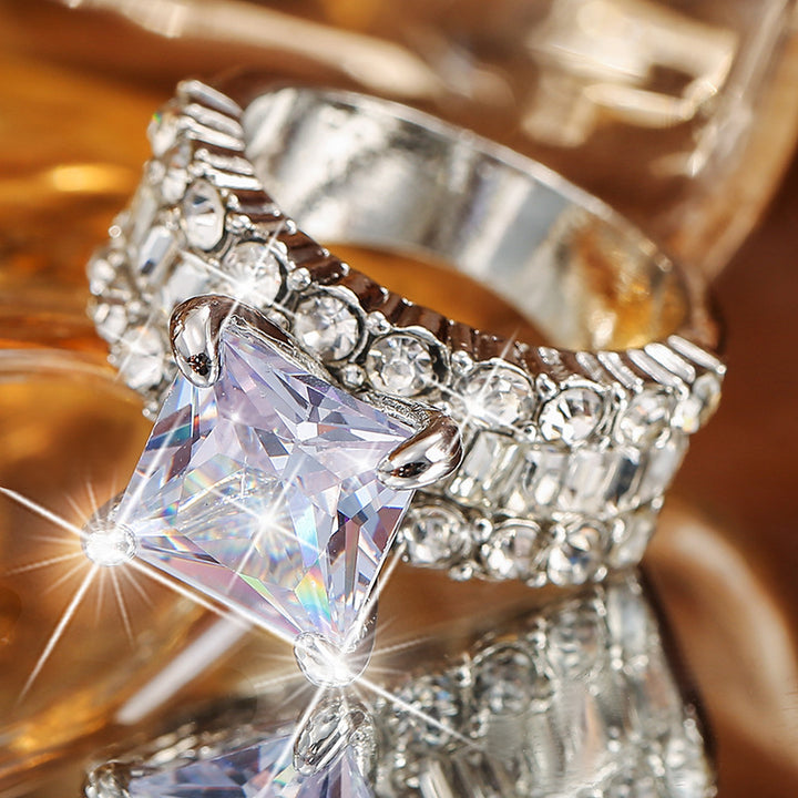 Princess‑Cut Center Stone Full‑Paved Wide Band Ring Four‑Prong Setting Luxurious Women’s Ring