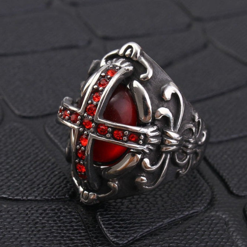 Vintage Cross Red Stone Jewelry Ring Gothic Statement Ring for Men Retro Engraved Finger Ring