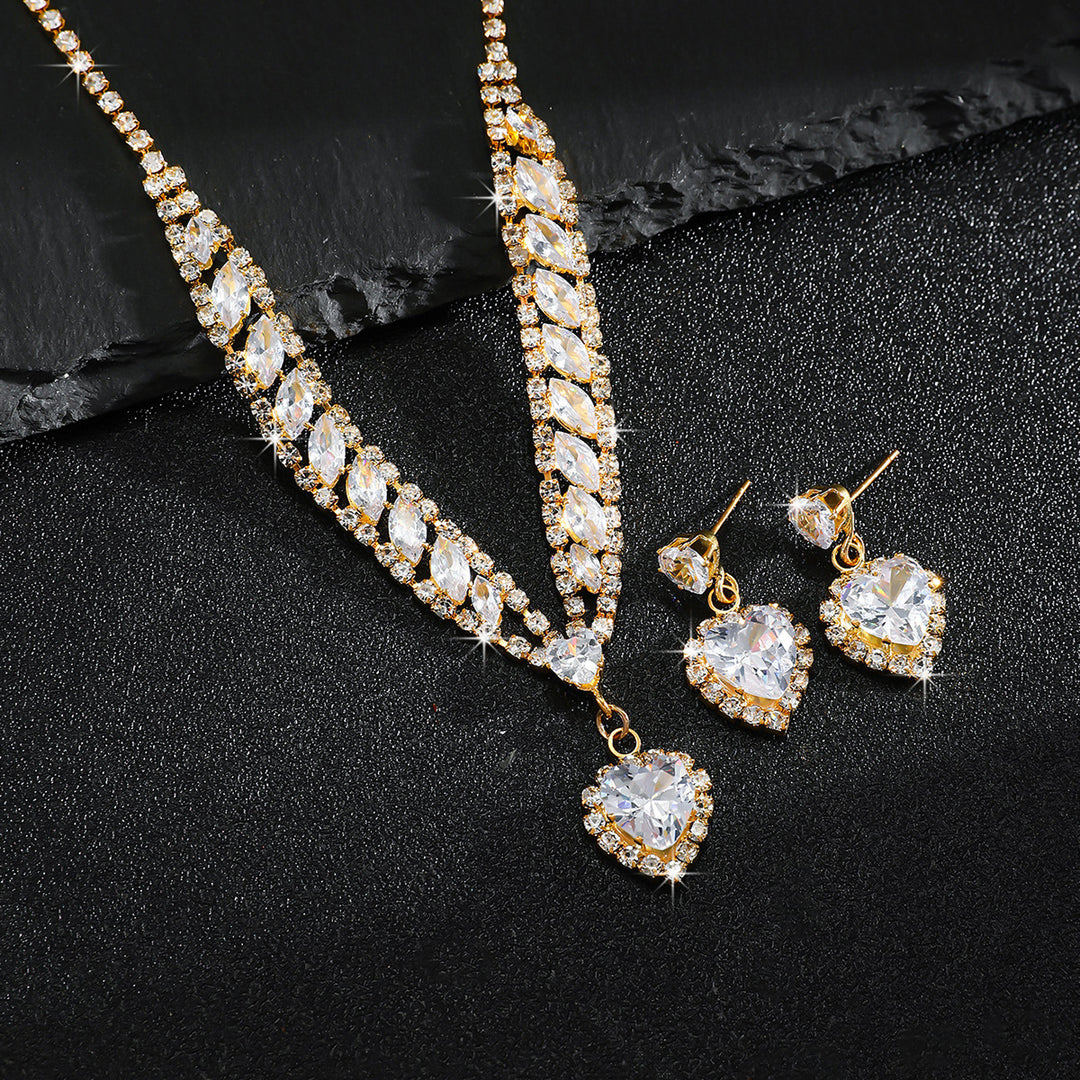 Heart Diamond Pendant V Shape Necklace Drop Earring 2Pcs Jewelry Set Bridal Wedding Party Statement Jewelry For Women