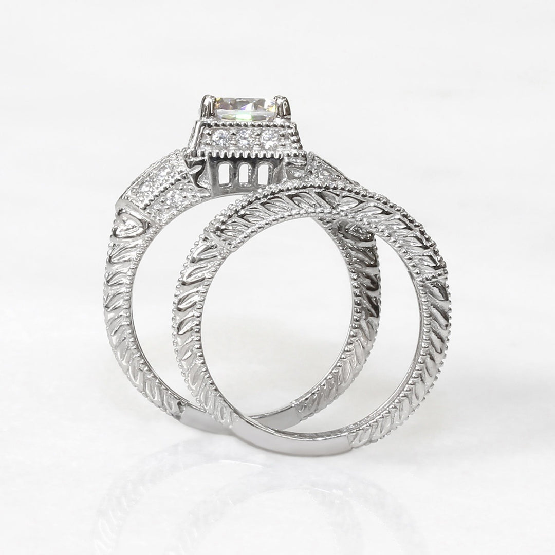 Vintage Round Diamond Bridal Ring Set Milgrain Engraved Sterling Silver Wedding Stackable Rings For Women