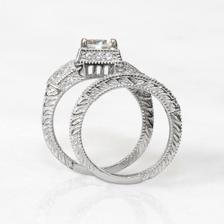 Vintage Round Diamond Bridal Ring Set Milgrain Engraved Sterling Silver Wedding Stackable Rings For Women