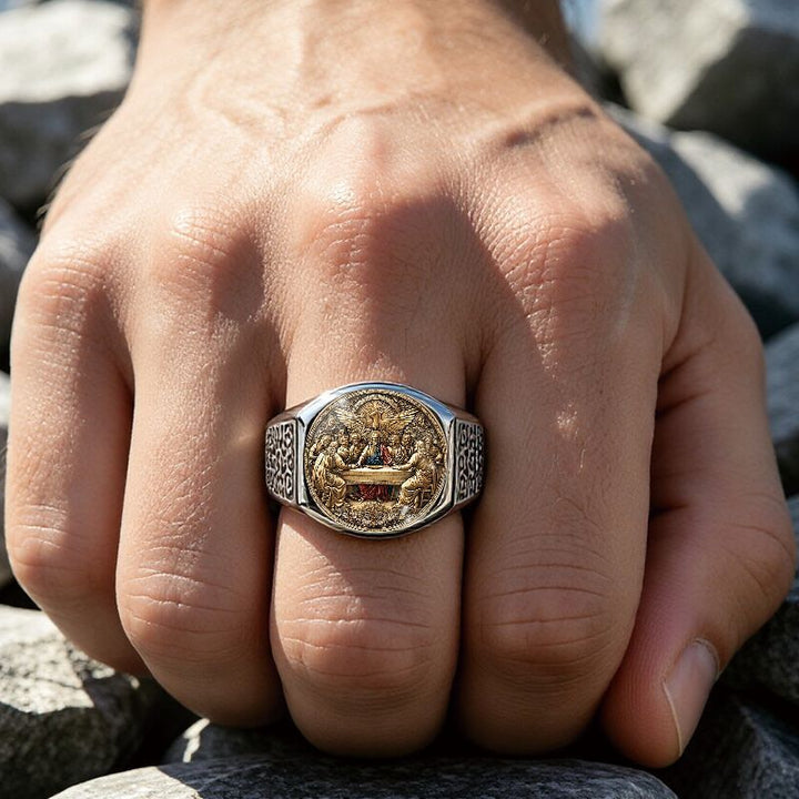 Religious Faith Signet Ring Hollow Pattern Band Vintage Spiritual Statement Ring For Men