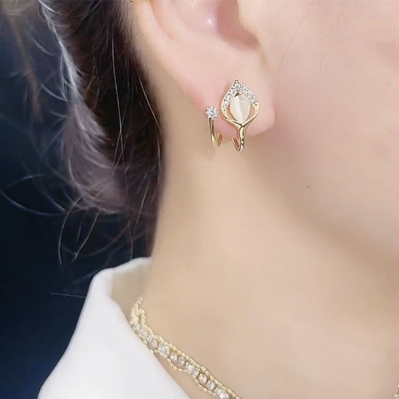 Calla Lily Diamond Ear Cuff Earrings Dual Piece Cat's Eye Statement Earrings Elegant Stackable Ear Jewelry For Women Formal Daily Wear
