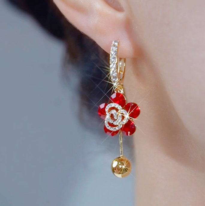 Red Flower Drop Earrings Women Rose Gold Leverback Ball Dangle Wedding Party Jewelry Gift