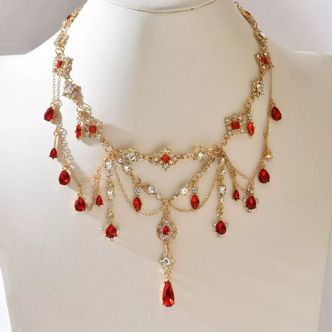 Vintage Red Gemstone Diamond Choker Necklace Women Layered Tassel Statement Necklace for Wedding Party