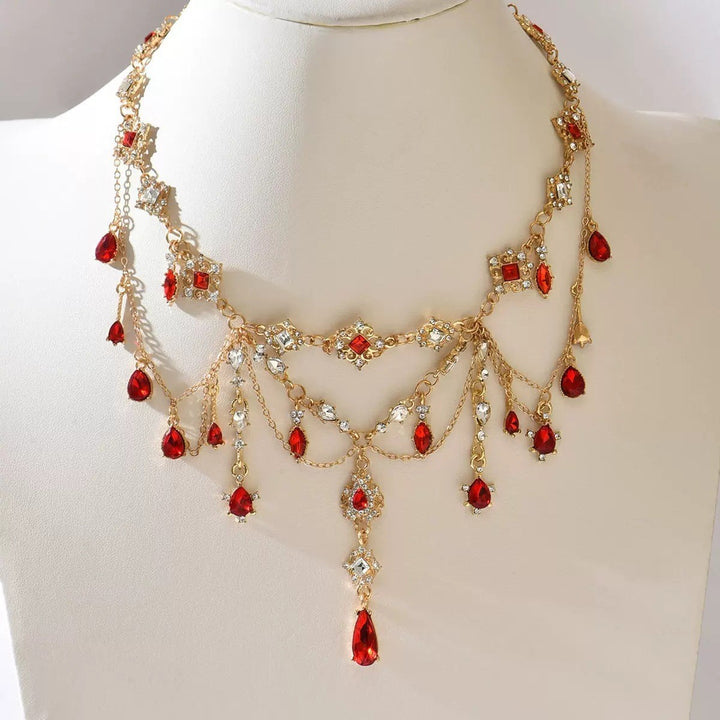 Vintage Red Gemstone Diamond Choker Necklace Women Layered Tassel Statement Necklace for Wedding Party