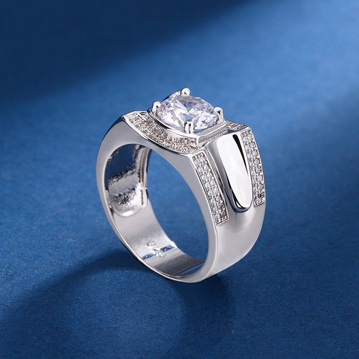 Business Style Wide Band Center Stone Paved Diamond Mens Ring