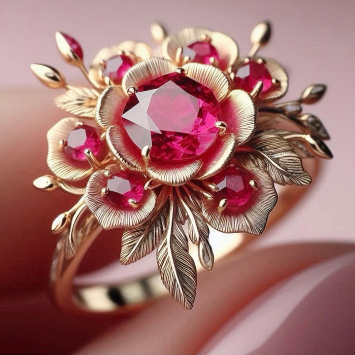 Vintage Floral Pink Diamond Carved Ring 14K Gold Artistic Flower Women Ring