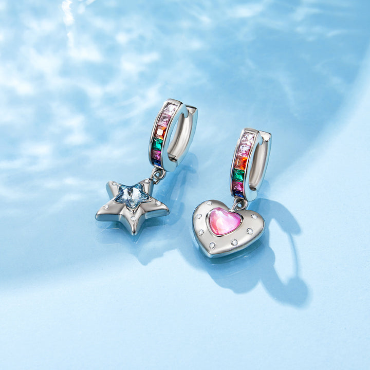 Star & Heart Asymmetrical Charm Hoop Earrings Sweet‑Cool Colorful Gem Unique Earrings