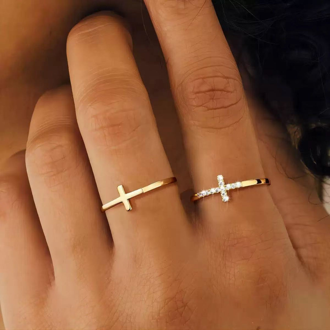 Cross Stackable Ring Set For Women Dainty Minimalist Diamond Band Two Piece Rings Religious Daily Jewelry