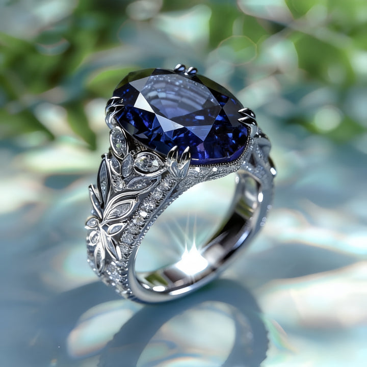 Oval Blue Sapphire Vintage Filigree Ring Women Art Nouveau Leaf Butterfly Engagement Ring