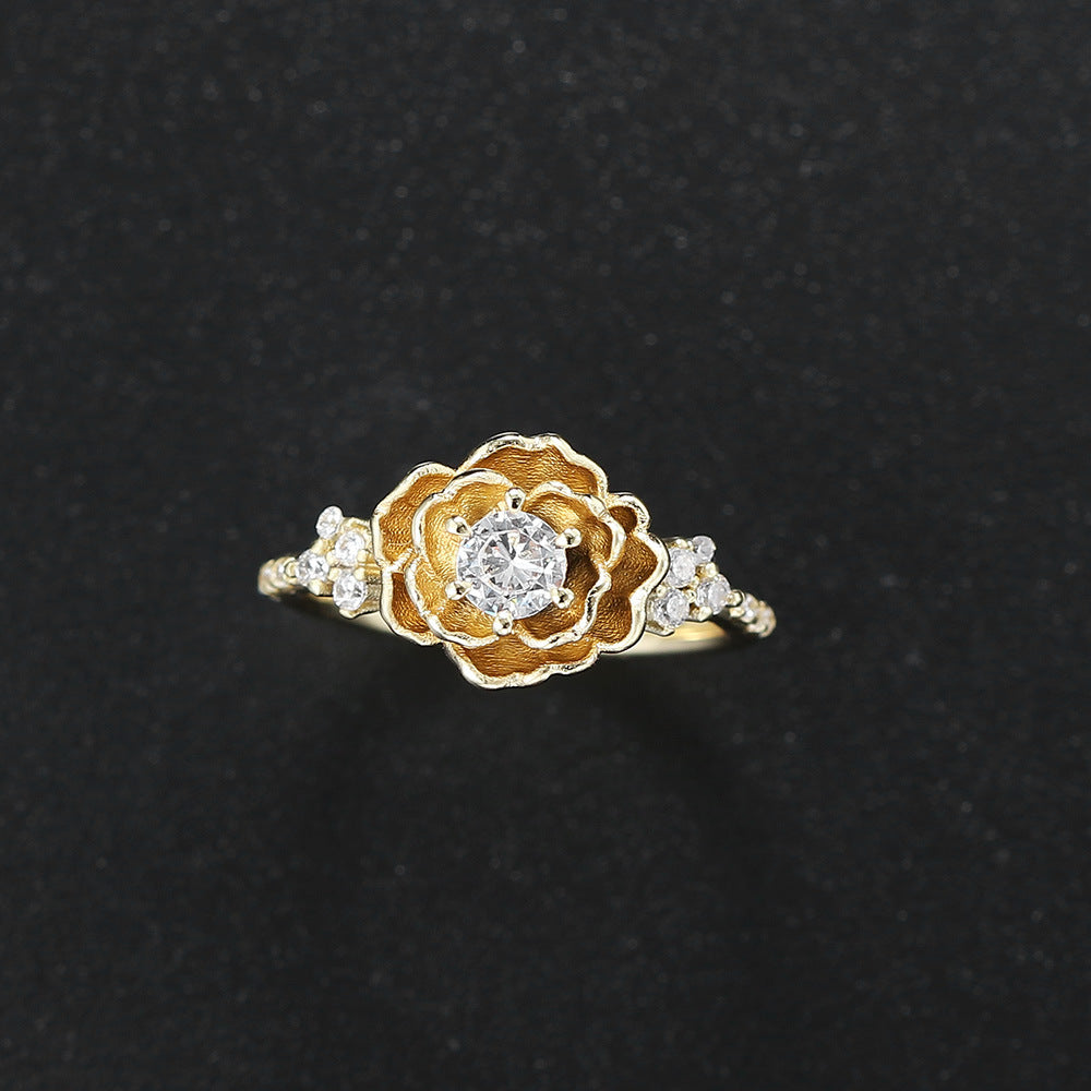 Flower Shape Diamond Ring Two Tone Pure Silver Statement Ring Elegant Floral Wedding Engagement Promise Ring For Women