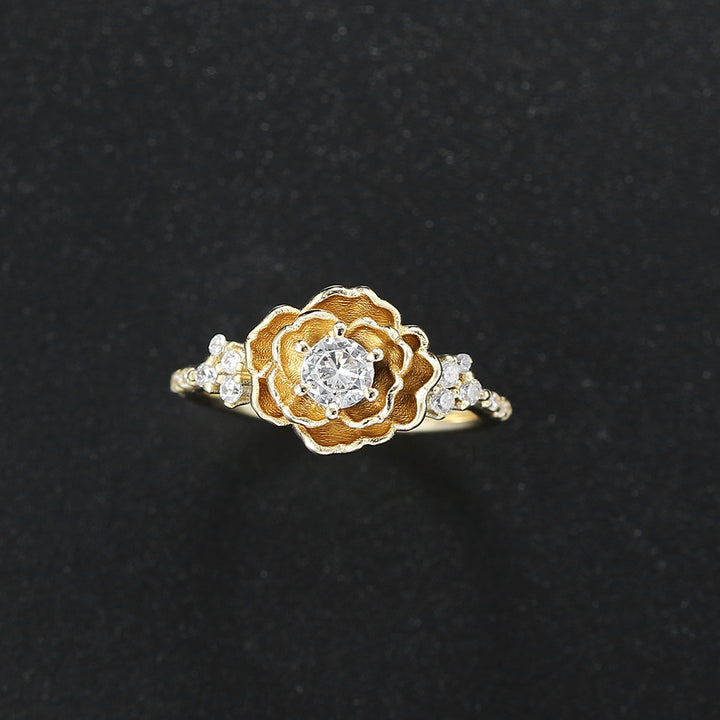 Flower Shape Diamond Ring Two Tone Pure Silver Statement Ring Elegant Floral Wedding Engagement Promise Ring For Women
