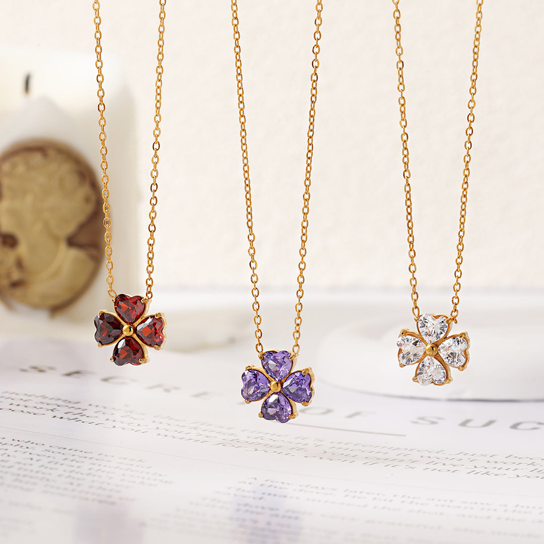 Four Leaf Clover Heart Cut Diamond Pendant Necklace Women Gold Tone Flower Necklace