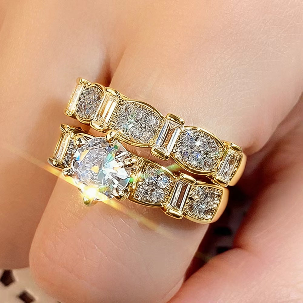 Two‑Piece Stackable Ring Set, Round‑Cut Center Diamond With Paved & Baguette‑Cut Accent Diamonds
