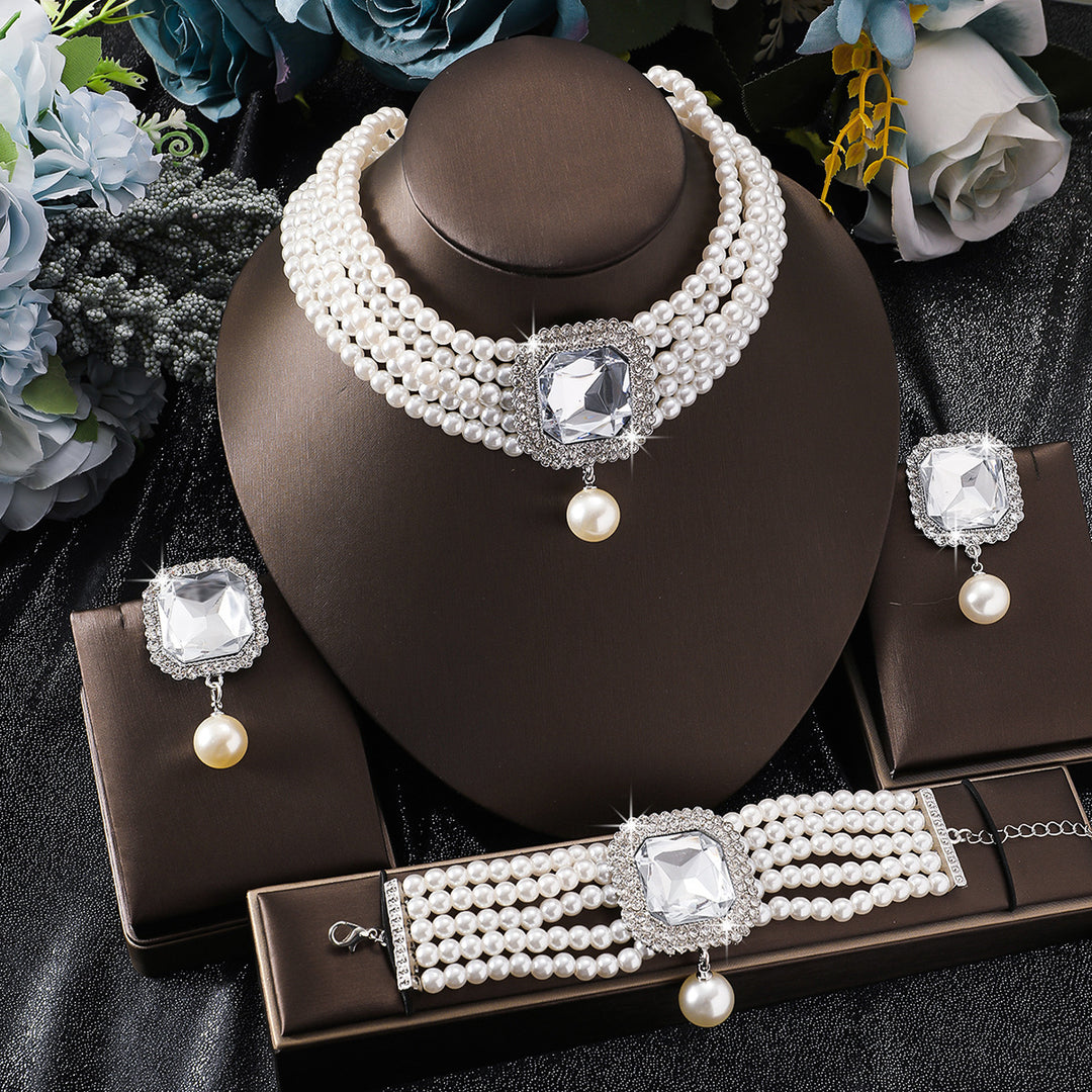 14K Gold Pearl Diamond Jewelry Set Multi‑Layer Pearl Choker Earrings Bracelet Three‑Piece Luxurious Colored Gemstone Ornaments