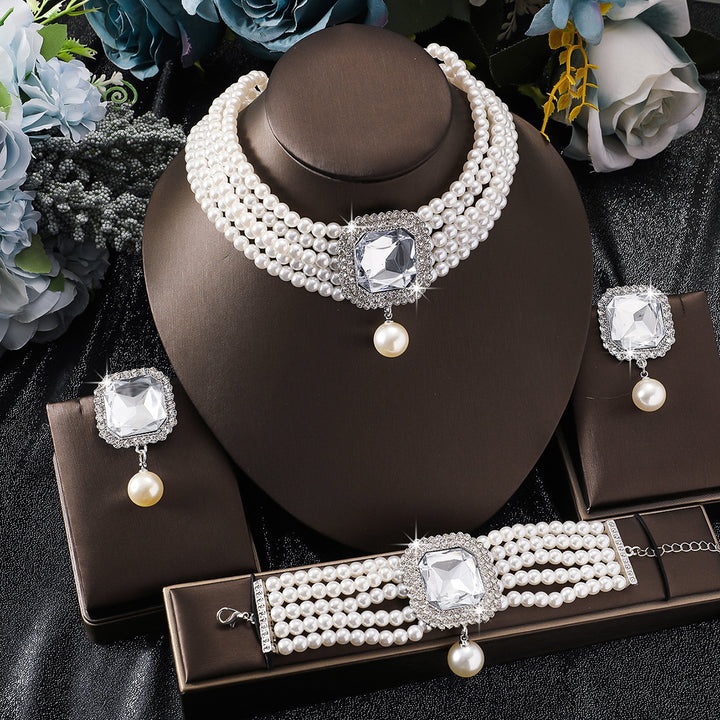 14K Gold Pearl Diamond Jewelry Set Multi‑Layer Pearl Choker Earrings Bracelet Three‑Piece Luxurious Colored Gemstone Ornaments