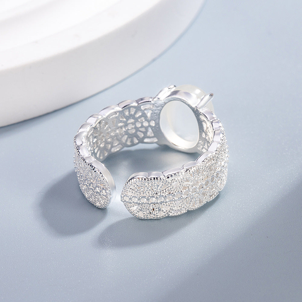 Openwork Filigree Chalcedony Ring Women Silver Hollow Carved Adjustable Elegant Jewelry