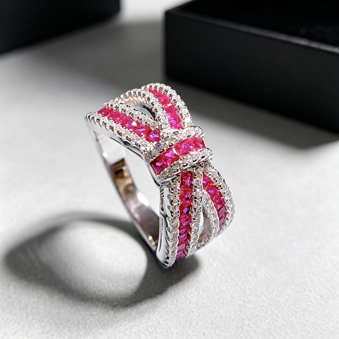 Bow‑Shaped Fuchsia Gem Diamond Wide Band Ring Hollow Intertwined Vintage Women’s Ring