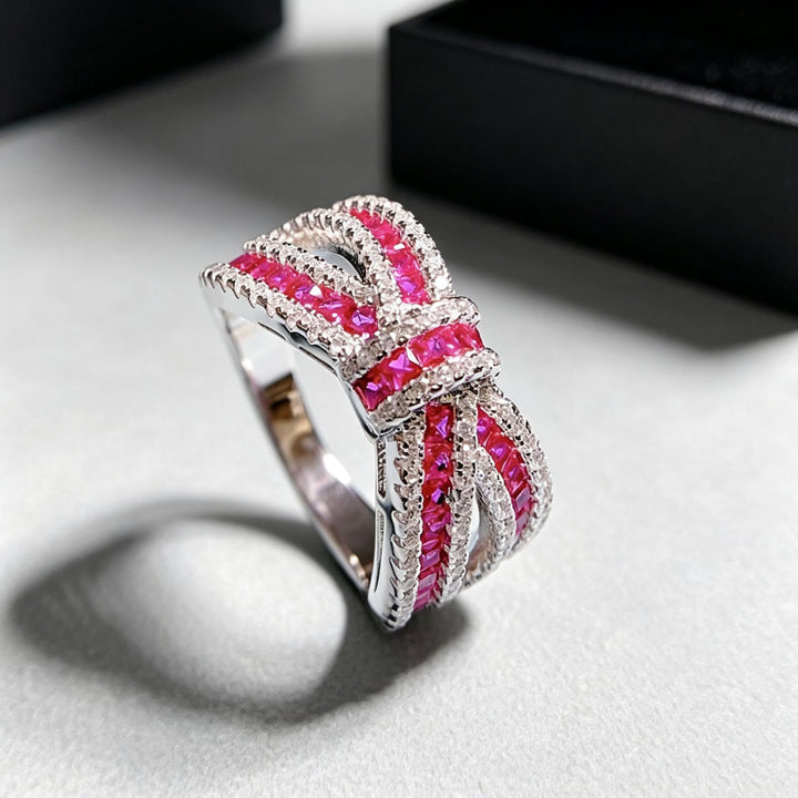 Bow‑Shaped Fuchsia Gem Diamond Wide Band Ring Hollow Intertwined Vintage Women’s Ring